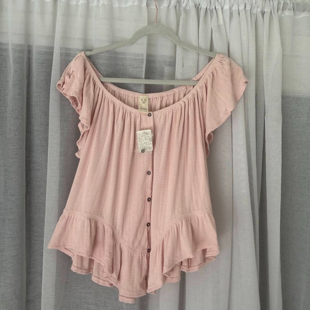 NWT We The Free People OffShoulder Button Front Ruffle Hem Blouse light pink